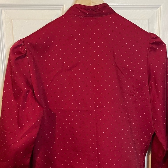 VTG Levi Strauss burgundy button down LS polyester blouse w/ dots & pleated bow - Picture 8 of 11